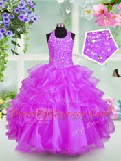 Flare Halter Top Lilac Sleeveless Floor Length Beading and Ruffled Layers Lace Up Flower Girl Dresses for Less