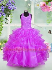 Flare Halter Top Lilac Sleeveless Floor Length Beading and Ruffled Layers Lace Up Flower Girl Dresses for Less