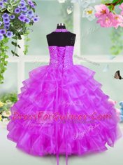 Flare Halter Top Lilac Sleeveless Floor Length Beading and Ruffled Layers Lace Up Flower Girl Dresses for Less