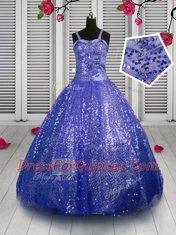 Chic Beading and Sequins Kids Formal Wear Blue Lace Up Sleeveless Floor Length