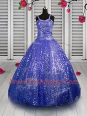Chic Beading and Sequins Kids Formal Wear Blue Lace Up Sleeveless Floor Length