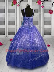 Chic Beading and Sequins Kids Formal Wear Blue Lace Up Sleeveless Floor Length