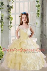 Admirable Ruffled Floor Length Light Yellow Pageant Gowns For Girls Square Sleeveless Lace Up