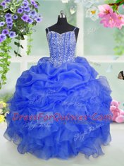 Stunning Baby Blue Spaghetti Straps Lace Up Beading and Ruffles and Pick Ups Kids Formal Wear Sleeveless