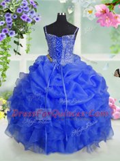 Stunning Baby Blue Spaghetti Straps Lace Up Beading and Ruffles and Pick Ups Kids Formal Wear Sleeveless