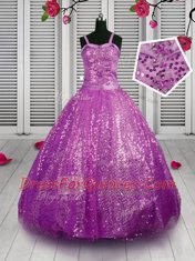 Gorgeous Sequins Purple Sleeveless Sequined Lace Up Little Girl Pageant Gowns for Party and Wedding Party