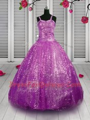 Gorgeous Sequins Purple Sleeveless Sequined Lace Up Little Girl Pageant Gowns for Party and Wedding Party