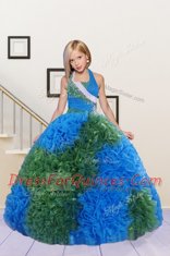 High Class Halter Top Sleeveless Lace Up Flower Girl Dresses Blue and Dark Green Fabric With Rolling Flowers