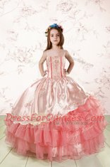 Baby Pink Kids Pageant Dress Party and Wedding Party and For with Embroidery and Ruffled Layers Spaghetti Straps Sleeveless Lace Up