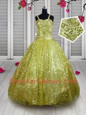 Shining Gold Lace Up Straps Sequins Girls Pageant Dresses Sequined Sleeveless