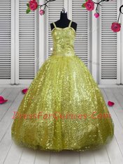 Shining Gold Lace Up Straps Sequins Girls Pageant Dresses Sequined Sleeveless