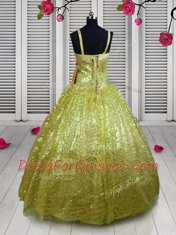 Shining Gold Lace Up Straps Sequins Girls Pageant Dresses Sequined Sleeveless
