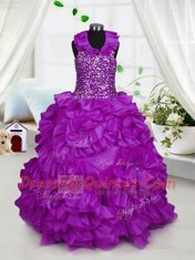 Halter Top Sleeveless Zipper Floor Length Beading Kids Formal Wear