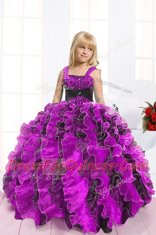 Spectacular Fuchsia Ball Gowns Straps Sleeveless Organza Floor Length Lace Up Beading and Ruffles Pageant Gowns For Girls
