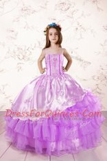 Organza Spaghetti Straps Sleeveless Lace Up Embroidery and Ruffled Layers Little Girls Pageant Gowns in Fuchsia