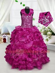 Hot Selling Fuchsia Zipper Halter Top Beading and Ruffles Flower Girl Dress Taffeta Sleeveless