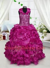Hot Selling Fuchsia Zipper Halter Top Beading and Ruffles Flower Girl Dress Taffeta Sleeveless