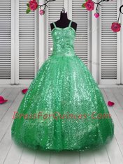 Sequins Ball Gowns Flower Girl Dresses Green Straps Sequined Sleeveless Floor Length Lace Up