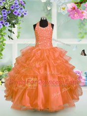 Captivating Ruffled Floor Length Orange Little Girls Pageant Dress Halter Top Sleeveless Lace Up