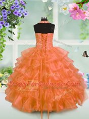 Captivating Ruffled Floor Length Orange Little Girls Pageant Dress Halter Top Sleeveless Lace Up