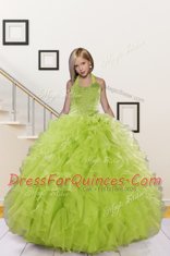 Superior Olive Green Organza Lace Up Halter Top Sleeveless Floor Length Toddler Flower Girl Dress Beading and Ruffles