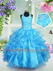 Customized Halter Top Beading and Ruffled Layers Flower Girl Dresses Aqua Blue Lace Up Sleeveless Floor Length