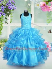 Customized Halter Top Beading and Ruffled Layers Flower Girl Dresses Aqua Blue Lace Up Sleeveless Floor Length