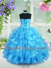 Customized Halter Top Beading and Ruffled Layers Flower Girl Dresses Aqua Blue Lace Up Sleeveless Floor Length