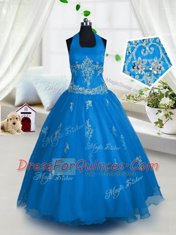 Latest Halter Top Floor Length Aqua Blue Little Girls Pageant Dress Wholesale Tulle Sleeveless Appliques