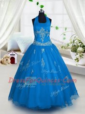 Latest Halter Top Floor Length Aqua Blue Little Girls Pageant Dress Wholesale Tulle Sleeveless Appliques