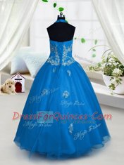 Latest Halter Top Floor Length Aqua Blue Little Girls Pageant Dress Wholesale Tulle Sleeveless Appliques