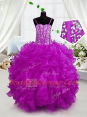 Sleeveless Floor Length Beading and Ruffles Lace Up Little Girls Pageant Gowns with Hot Pink