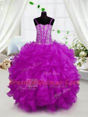 Sleeveless Floor Length Beading and Ruffles Lace Up Little Girls Pageant Gowns with Hot Pink