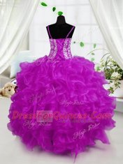 Sleeveless Floor Length Beading and Ruffles Lace Up Little Girls Pageant Gowns with Hot Pink
