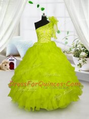 One Shoulder Sleeveless Lace Up Child Pageant Dress Yellow Green Organza