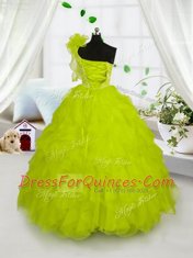 One Shoulder Sleeveless Lace Up Child Pageant Dress Yellow Green Organza