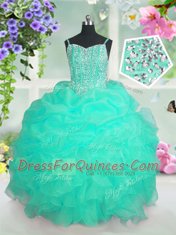 Wonderful Turquoise Sleeveless Floor Length Beading and Ruffles and Pick Ups Lace Up Kids Pageant Dress