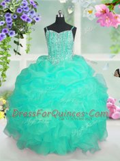 Wonderful Turquoise Sleeveless Floor Length Beading and Ruffles and Pick Ups Lace Up Kids Pageant Dress