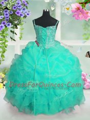 Wonderful Turquoise Sleeveless Floor Length Beading and Ruffles and Pick Ups Lace Up Kids Pageant Dress