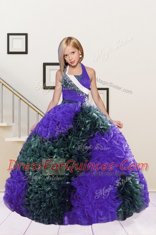 Halter Top Sleeveless Girls Pageant Dresses Floor Length Beading and Ruffles Dark Green and Eggplant Purple Fabric With Rolling Flowers