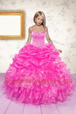 Hot Pink Ball Gowns Beading and Ruffles and Pick Ups Kids Formal Wear Lace Up Organza Sleeveless Floor Length