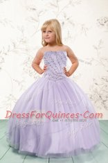 Customized Lavender Tulle Lace Up Strapless Sleeveless Floor Length Little Girls Pageant Dress Beading