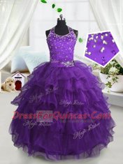Exceptional Purple Scoop Neckline Beading and Ruffled Layers Pageant Gowns For Girls Sleeveless Lace Up