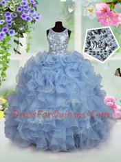 Scoop Sleeveless Floor Length Ruffles and Sequins Zipper Toddler Flower Girl Dress with Light Blue