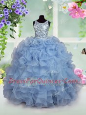 Scoop Sleeveless Floor Length Ruffles and Sequins Zipper Toddler Flower Girl Dress with Light Blue