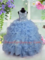 Scoop Sleeveless Floor Length Ruffles and Sequins Zipper Toddler Flower Girl Dress with Light Blue