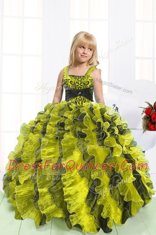 Designer Floor Length Light Yellow Little Girl Pageant Gowns Organza Sleeveless Beading and Ruffles