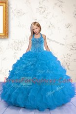Mermaid Aqua Blue Halter Top Lace Up Beading and Ruffles Toddler Flower Girl Dress Sleeveless