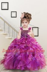 Mermaid Straps Sleeveless Toddler Flower Girl Dress Floor Length Beading and Ruffles Fuchsia Organza