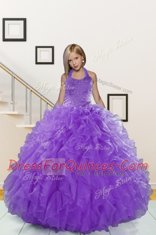 Halter Top Sleeveless Organza Kids Formal Wear Beading and Ruffles Lace Up
